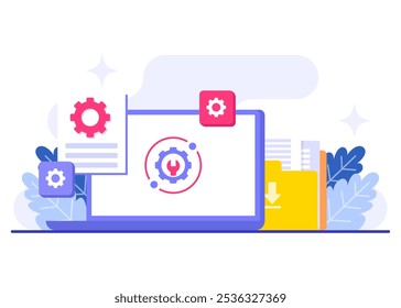 Ilustración vectorial plana de mantenimiento del sistema, Error, Solucionar problemas, Actualización de dispositivos, Sistema de software en mantenimiento, Proceso de Mejorar de software en dispositivos, Sistema de operación de Actualizar de Personas