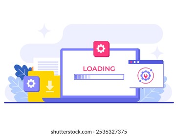 Ilustración vectorial plana de mantenimiento del sistema, Error, Solucionar problemas, Actualización de dispositivos, Sistema de software en mantenimiento, Proceso de Mejorar de software en dispositivos, Sistema de operación de Actualizar de Personas