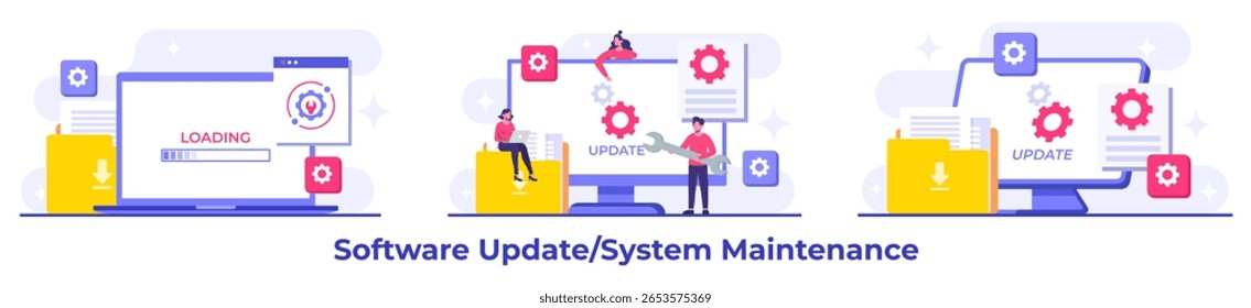Ilustrações de vetor plano de manutenção do sistema, Erro, Corrigir problemas, Atualização de dispositivo, Sistema de software em manutenção, Processo de atualização de software em dispositivos, Sistema operacional de atualização de pessoas