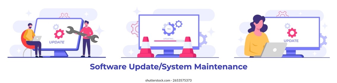 Ilustrações de vetor plano de manutenção do sistema, Erro, Corrigir problemas, Atualização de dispositivo, Sistema de software em manutenção, Processo de atualização de software em dispositivos, Sistema operacional de atualização de pessoas