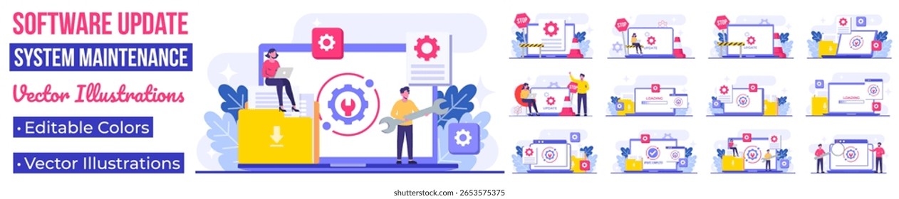 Ilustrações de vetor plano de manutenção do sistema, Erro, Corrigir problemas, Atualização de dispositivo, Sistema de software em manutenção, Processo de atualização de software em dispositivos, Sistema operacional de atualização de pessoas