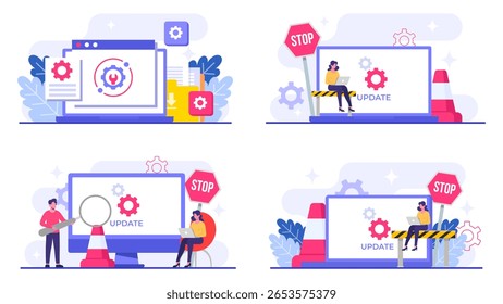 Ilustrações de vetor plano de manutenção do sistema, Erro, Corrigir problemas, Atualização de dispositivo, Sistema de software em manutenção, Processo de atualização de software em dispositivos, Sistema operacional de atualização de pessoas