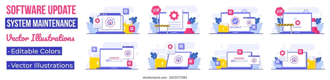 Ilustrações de vetor plano de manutenção do sistema, Erro, Corrigir problemas, Atualização de dispositivo, Sistema de software em manutenção, Processo de atualização de software em dispositivos, Sistema operacional de atualização de pessoas