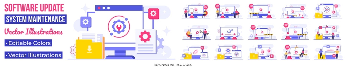 Ilustrações de vetor plano de manutenção do sistema, Erro, Corrigir problemas, Atualização de dispositivo, Sistema de software em manutenção, Processo de atualização de software em dispositivos, Sistema operacional de atualização de pessoas