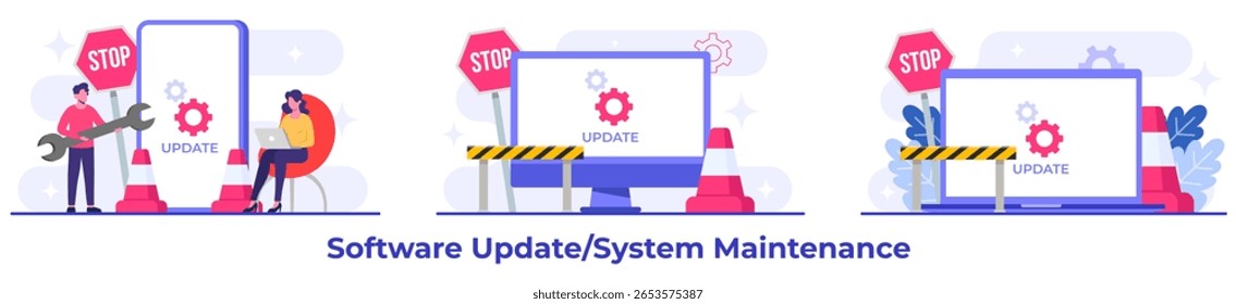 Ilustrações de vetor plano de manutenção do sistema, Erro, Corrigir problemas, Atualização de dispositivo, Sistema de software em manutenção, Processo de atualização de software em dispositivos, Sistema operacional de atualização de pessoas
