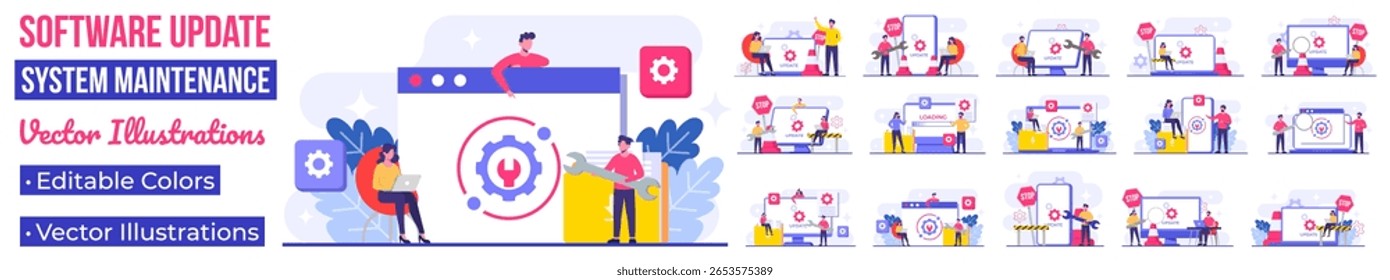 Ilustrações de vetor plano de manutenção do sistema, Erro, Corrigir problemas, Atualização de dispositivo, Sistema de software em manutenção, Processo de atualização de software em dispositivos, Sistema operacional de atualização de pessoas