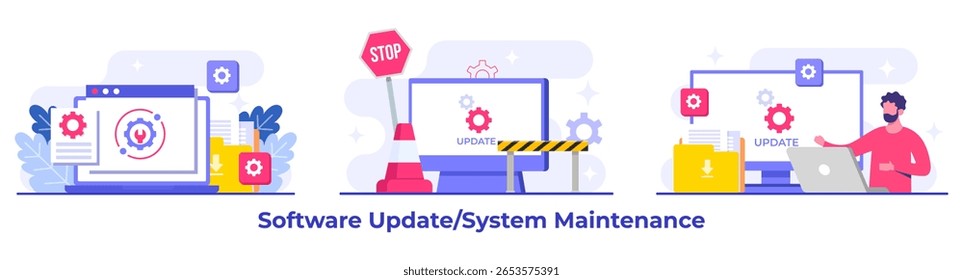 Ilustrações de vetor plano de manutenção do sistema, Erro, Corrigir problemas, Atualização de dispositivo, Sistema de software em manutenção, Processo de atualização de software em dispositivos, Sistema operacional de atualização de pessoas