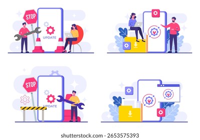 Ilustrações de vetor plano de manutenção do sistema, Erro, Corrigir problemas, Atualização de dispositivo, Sistema de software em manutenção, Processo de atualização de software em dispositivos, Sistema operacional de atualização de pessoas
