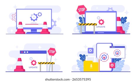 Ilustrações de vetor plano de manutenção do sistema, Erro, Corrigir problemas, Atualização de dispositivo, Sistema de software em manutenção, Processo de atualização de software em dispositivos, Sistema operacional de atualização de pessoas