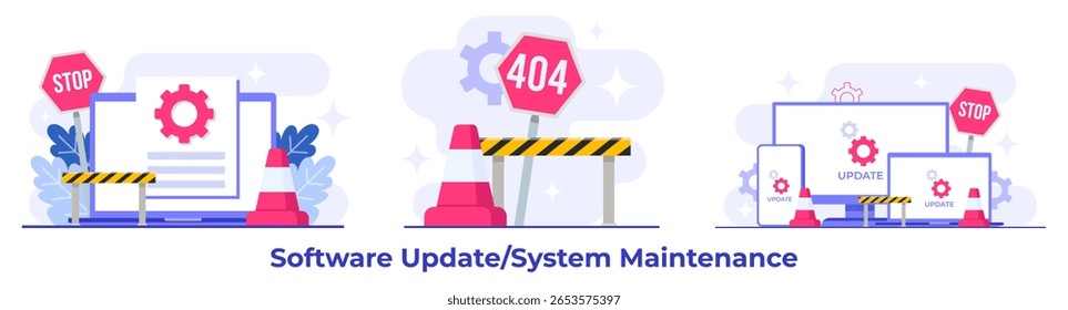 Ilustrações de vetor plano de manutenção do sistema, Erro, Corrigir problemas, Atualização de dispositivo, Sistema de software em manutenção, Processo de atualização de software em dispositivos, Sistema operacional de atualização de pessoas