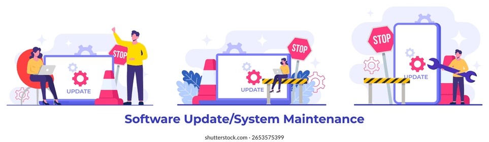 Ilustrações de vetor plano de manutenção do sistema, Erro, Corrigir problemas, Atualização de dispositivo, Sistema de software em manutenção, Processo de atualização de software em dispositivos, Sistema operacional de atualização de pessoas