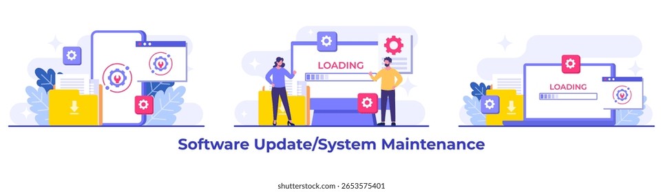 Ilustrações de vetor plano de manutenção do sistema, Erro, Corrigir problemas, Atualização de dispositivo, Sistema de software em manutenção, Processo de atualização de software em dispositivos, Sistema operacional de atualização de pessoas