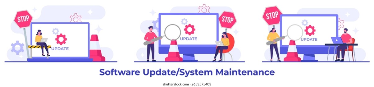 Ilustrações de vetor plano de manutenção do sistema, Erro, Corrigir problemas, Atualização de dispositivo, Sistema de software em manutenção, Processo de atualização de software em dispositivos, Sistema operacional de atualização de pessoas