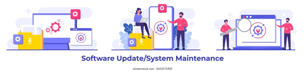 Ilustrações de vetor plano de manutenção do sistema, Erro, Corrigir problemas, Atualização de dispositivo, Sistema de software em manutenção, Processo de atualização de software em dispositivos, Sistema operacional de atualização de pessoas