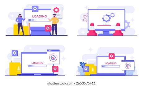 Ilustrações de vetor plano de manutenção do sistema, Erro, Corrigir problemas, Atualização de dispositivo, Sistema de software em manutenção, Processo de atualização de software em dispositivos, Sistema operacional de atualização de pessoas