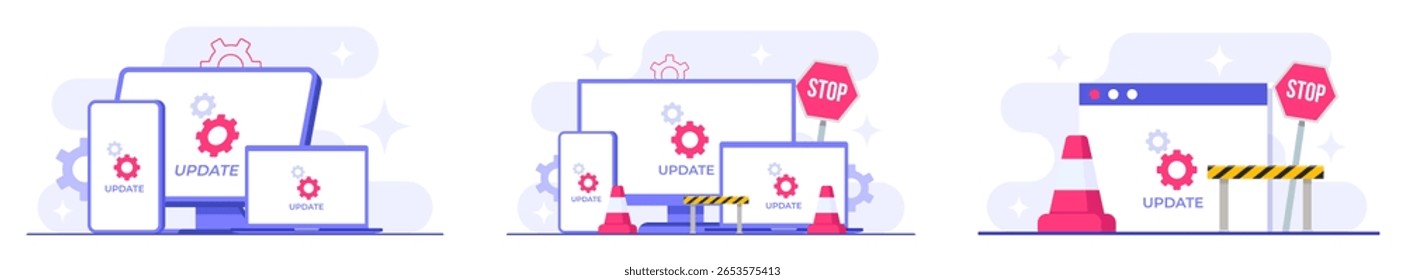 Ilustrações de vetor plano de manutenção do sistema, Erro, Corrigir problemas, Atualização de dispositivo, Sistema de software em manutenção, Processo de atualização de software em dispositivos, Sistema operacional de atualização de pessoas