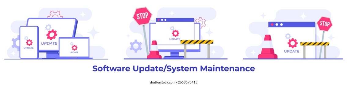 Ilustrações de vetor plano de manutenção do sistema, Erro, Corrigir problemas, Atualização de dispositivo, Sistema de software em manutenção, Processo de atualização de software em dispositivos, Sistema operacional de atualização de pessoas