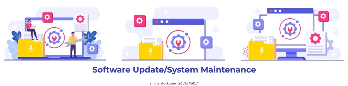 Ilustrações de vetor plano de manutenção do sistema, Erro, Corrigir problemas, Atualização de dispositivo, Sistema de software em manutenção, Processo de atualização de software em dispositivos, Sistema operacional de atualização de pessoas