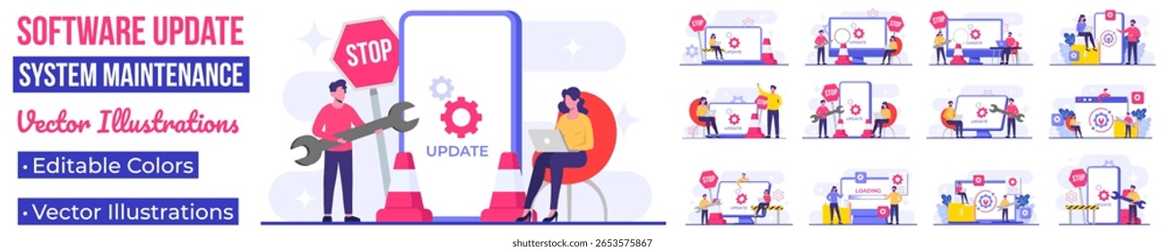Ilustrações de vetor plano de manutenção do sistema, Erro, Corrigir problemas, Atualização de dispositivo, Sistema de software em manutenção, Processo de atualização de software em dispositivos, Sistema operacional de atualização de pessoas