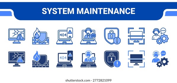 System Maintenance Icon Collection, featuring System Optimization, Server Mntenance, System Audit, Bug Issue, Maintenance, Troubleshoot, Scan.