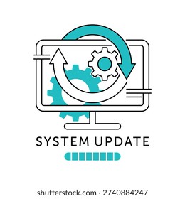 System maintenance icon - gears, screen and renew arrows symbolizing software update, troubleshooting, error fixing and device optimization. Thin line icon for interface, settings and tech services.