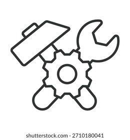 Icono de mantenimiento del sistema en diseño de línea. herramientas, llave, martillo, engranaje, reparación, ingeniería, control sobre Vector de fondo blanco. icono de movimiento editable del sistema de mantenimiento