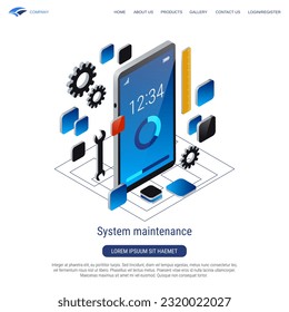 Mantenimiento del sistema, actualización del software, instalación del programa, instalación de 3d ilustración de concepto vectorial isométrico