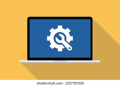 system maintenance and troubleshooting concept with icon on front of laptop computer with long shadow flat style