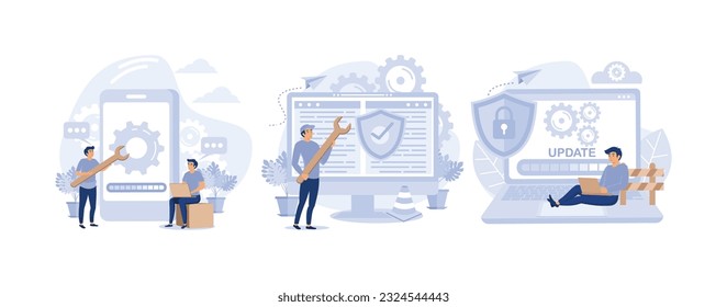 system maintenance, update program and application, technology, engineer, error, fixing a trouble, device updating, set flat vector modern illustration