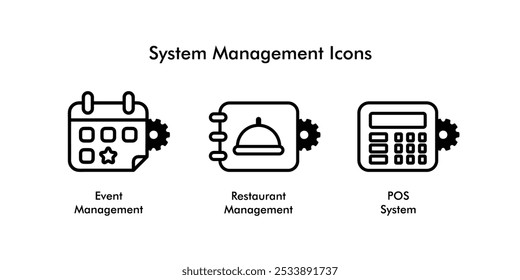 System Management Icons for website and software. POS system, Restaurant management, hotel management and event management symbols 