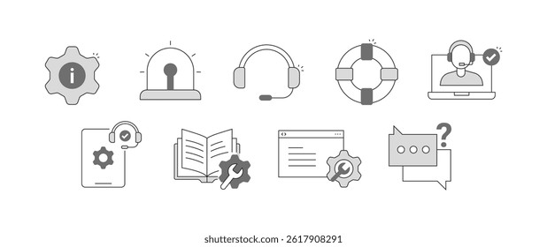 System Management and Interface Tools. Support Headset, Lifebuoy Help Icon, Male Support Agent Verified, Chat Support with Question, Document Support Verified,