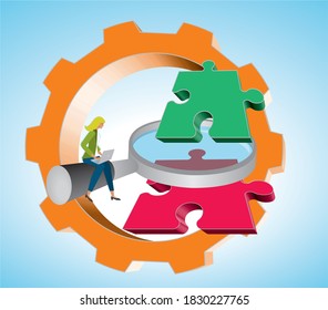 System Management And Trouble Shooting. Woman, Magnifying Glass And Puzzle Pieces. Vector Illustration.