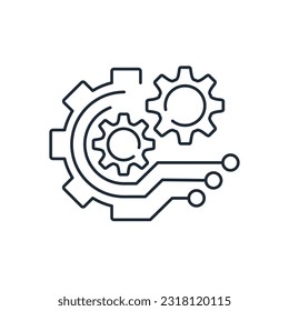 System der Mechanismen mit elektronischer Steuerung.Integration. Vorlagenautomatisierung eines mechanisierten Prozesses. Elektronische Steuerung industrieller Prozesse.Lineares Vektorsymbol einzeln auf weißem Hintergrund.