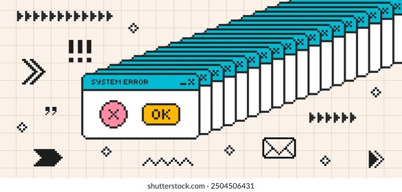 System message screen with arrows and borders in pixel art style. Virus popup. Vector Illustration.