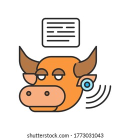 System monitoring the bull with help of sensors. Smart farming color linear icon. Checking. Animal husbandry. Agricultural IOT. Sign for web page, app. UI UX GUI design element. Editable stroke
