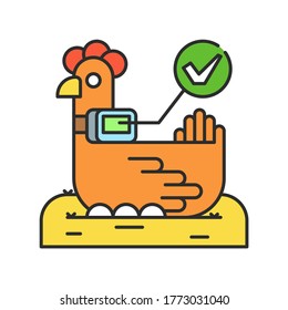 System monitoring the chicken, hen with help of sensors. Smart farming color linear icon. Checking. Animal husbandry. Agricultural IOT. Sign for web page, app. UI UX GUI design element.Editable stroke
