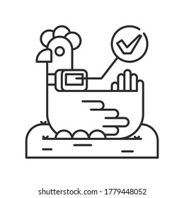 System monitoring the chicken, hen with help of sensors. Smart farming black linear icon. Checking. Animal husbandry. Agricultural IOT. Sign for web page, app. UI UX GUI design element.Editable stroke