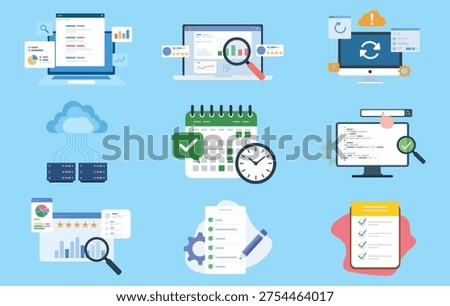 System Monitoring, Cloud Computing and Task Management – Data Analysis, Scheduling and Software Optimization Flat Vector Illustration Set