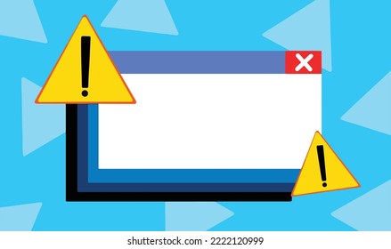 System notification crash with blank space of warning error computer notifications. Yellow triangle warning exclamation mark sign with white pop up windows on blue background and triangle pattern