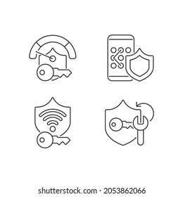 Conjunto de iconos lineales de contraseña del sistema. Bloqueo de Smartphone. Protección Wifi. Aplicación Cracker para la administración de contraseñas. Símbolos de contorno de línea delgada personalizables. Ilustraciones aisladas del contorno vectorial. Trazo editable