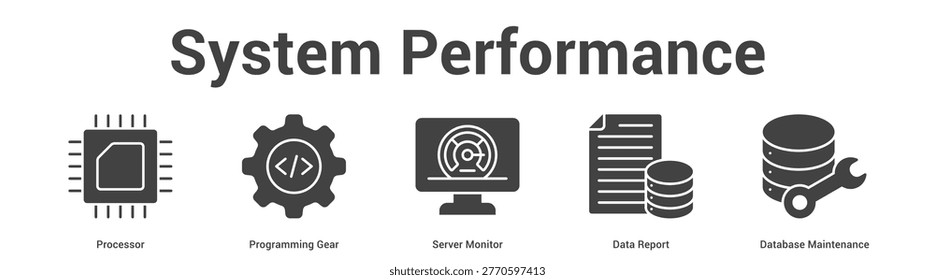 System Performance web banner icon set vector illustration concept for business with icon of Processor, Programming Gear, Server Monitor, Data Repo.