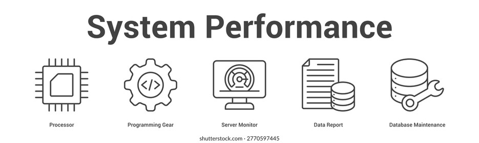 System Performance web banner icon set vector illustration concept for business with icon of Processor, Programming Gear, Server Monitor, Data Repo.