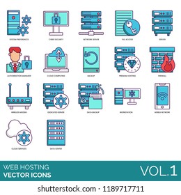 System preferences, cyber security, network server, file access, authorization manager, cloud computing, backup, firewall, wireless modem, workstation, mobile, services, data center web hosting icons.