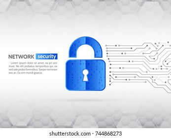 System privacy, Network security. Abstract high tech circuit board. Technology data protection concept.  Digital padlock vector illustration.