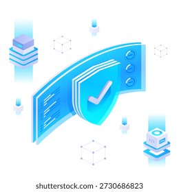System protection architecture for verified access, intelligent cybersecurity, and trusted data control with shield confirmation, network cubes, and secure infrastructure layers. Vector illustration