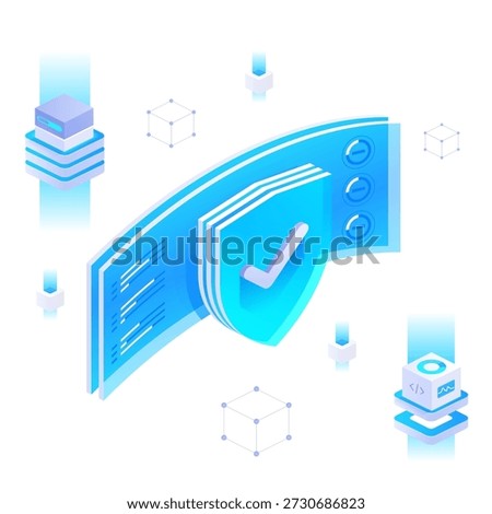 System protection architecture for verified access, intelligent cybersecurity, and trusted data control with shield confirmation, network cubes, and secure infrastructure layers. Vector illustration