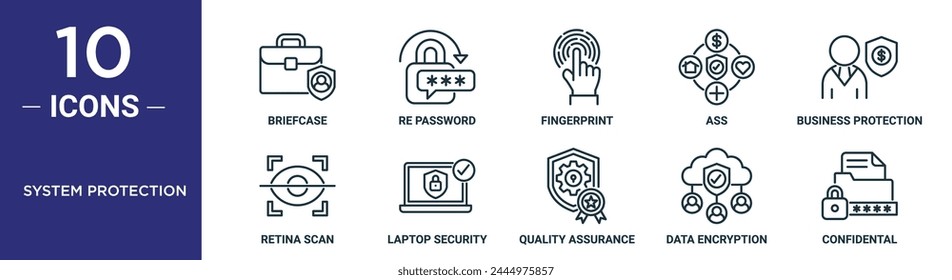 el conjunto de iconos de esquema de protección del sistema incluye maletín de línea fina, Contraseña roja, huella dactilar, ass, protección empresarial, escaneo de retina, iconos de seguridad de portátiles para informes, presentaciones, diagramas, Diseños web