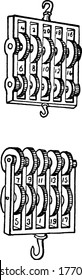 A system of pulleys in two blocks, arranged that the parts of continuous rope are approximately parallel. The order in which the rope passes round the pulleys is represented by the figures in the cut