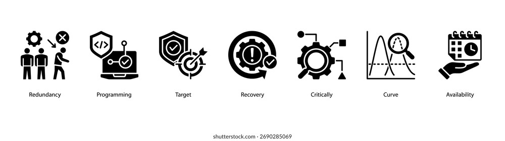 System Recovery web banner icon vector illustration featuring Redundancy, Programming, Target, Recovery, Critically, Curve, and Availability.