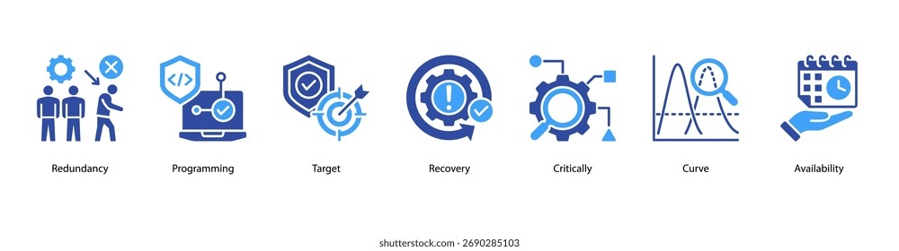 Ilustración vectorial de iconos de Anuncio de Web de recuperación del sistema con redundancia, programación, destino, recuperación, importancia crítica, curva y disponibilidad.